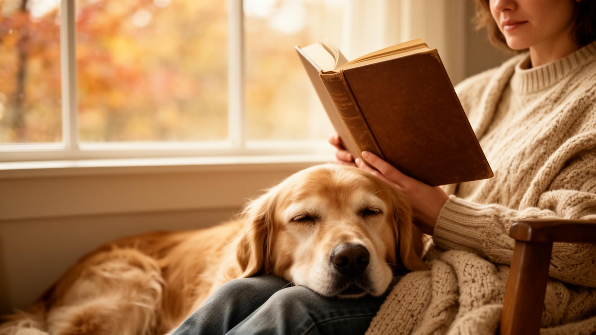 A reader and a sleepy golden retriever resting together by a sunlit window